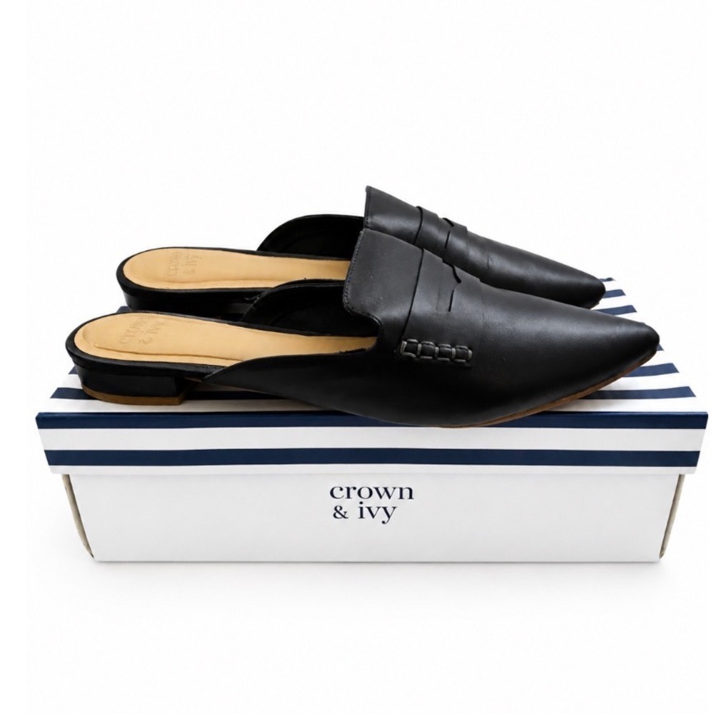 Crown & Ivy Tammy Navy Blue Pointed Toe Penny Loafer Mules 9.5 Flat Shoes